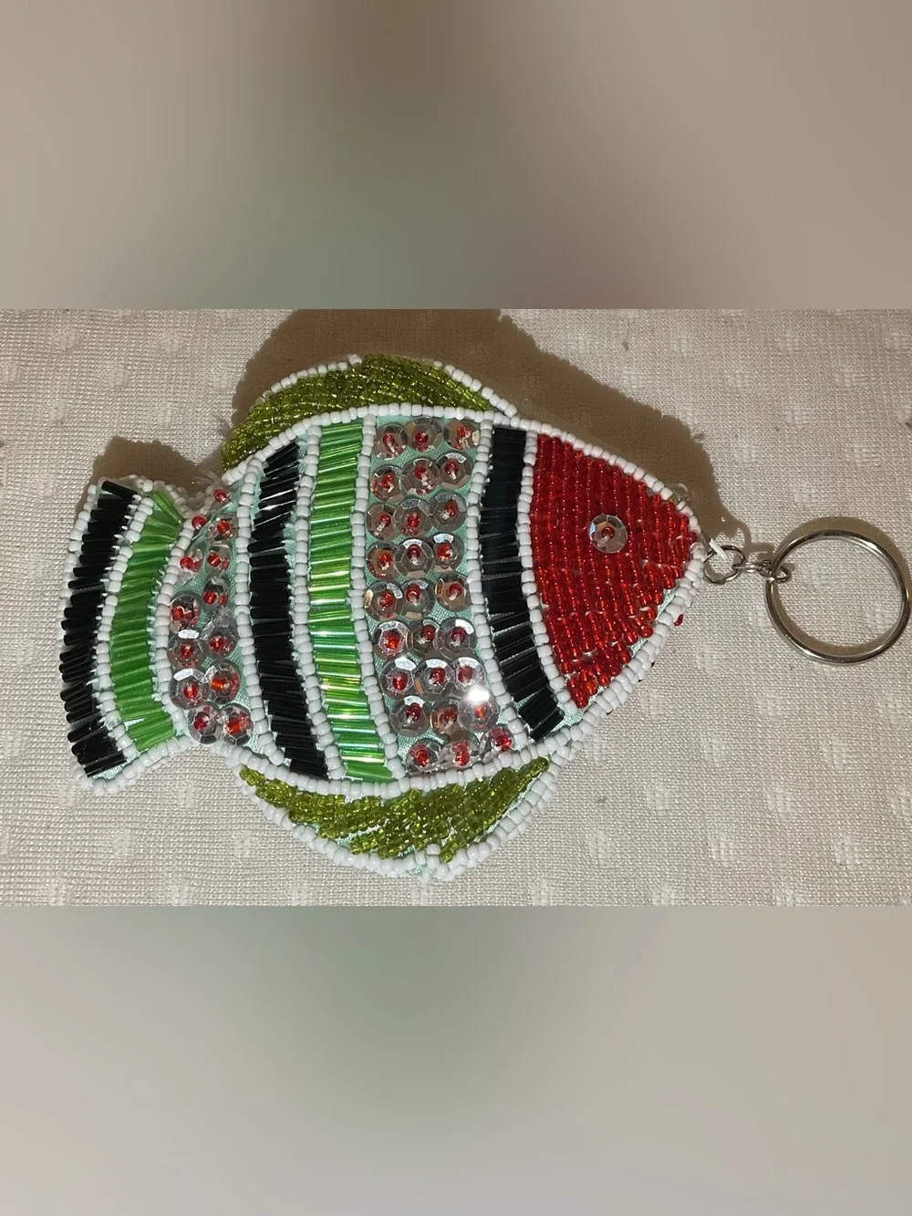 Beaded Multicolor Fish Brooch - Green & Red